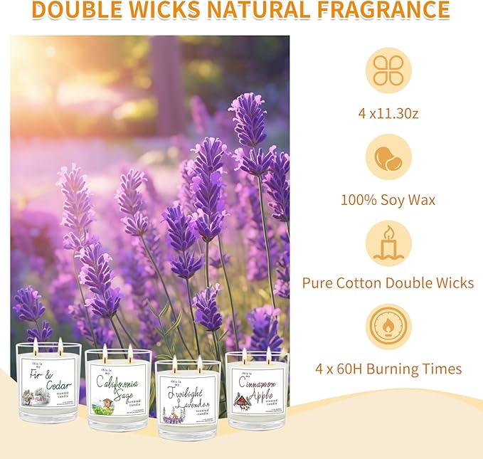 4 Pack Large Jar Candles with Double Wicks, Scented Candles for Home, 11.3oz Each, 240 Hour Burn Time, Aromatherapy Gift Set for Women, Cinnamon Apple, Lavender, Fir & Cedar, California Sage