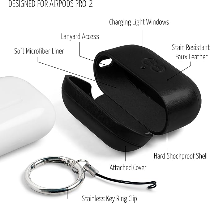 Dreem Om Case Cover with Keychain Clip Compatible with AirPods Pro 2/Pro, Protective One-Piece Hard Shell, Luxury Vegan Leather AirPod Pro Case 2nd/1st Generation with Separate Clip [Black]