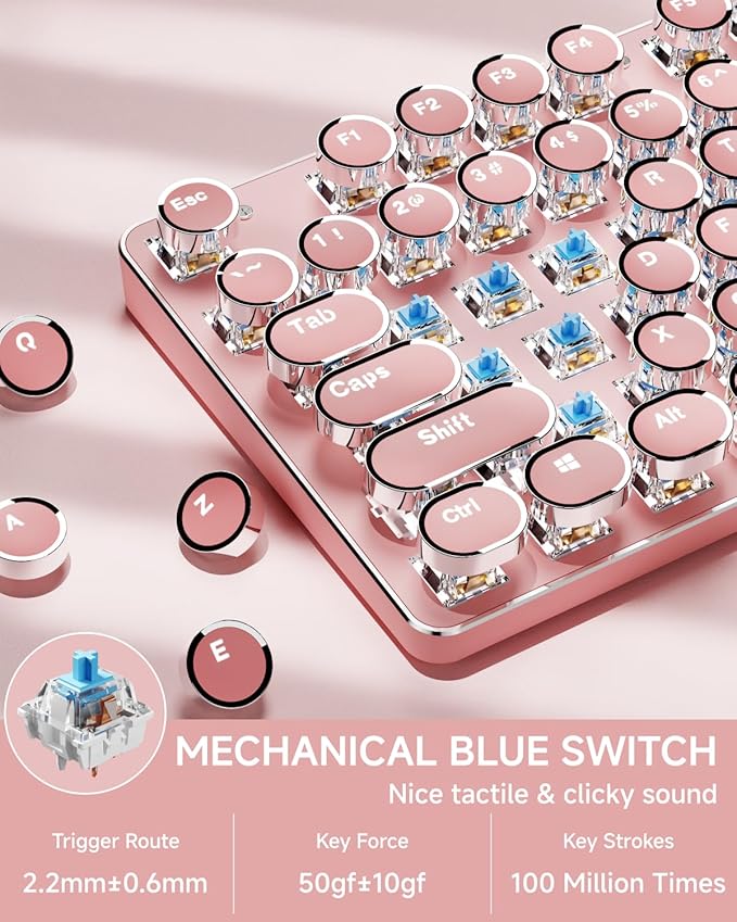 EWEADN TK950 Typewriter Keyboard Wireless Mechanical Keyboard, 104 Keys Aesthetic Typewriter Keyboards with White Backlit, Anti-Ghosting, Blue Switch Bluetooth/2.4GHz/Wired Keyboards-Pink