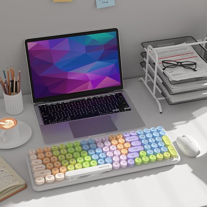 Wireless Keyboards and Mouse Combos, UBOTIE Colorful Gradient Rainbow Colored Retro Typewriter Flexible Keyboard, 2.4GHz Connection and Optical Mouse(White Colorful)