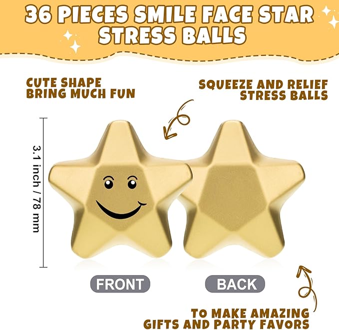 Deekin 36 Pieces Star Stress Balls Mini Foam Ball Stress Relief Toys for Teens and Adults Student Bag Fillers, Gold(Smile,3.1 Inch)