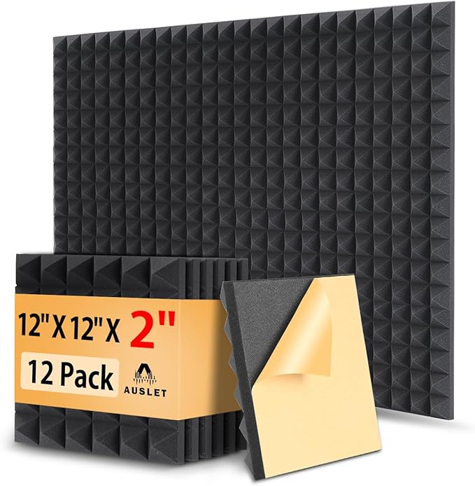 12 Pack Acoustic Foam Panels – 12" x 12" x 2" Self-Adhesive Pyramid Soundproof Wall Panels, High Density & Fire-Resistant Foam for Studio, Home, Office Walls