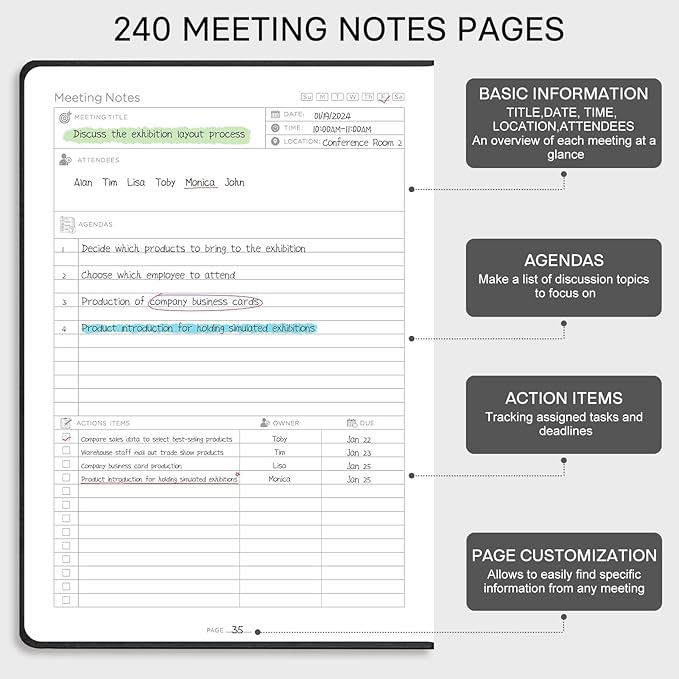 EMSHOI Meeting Notebook for Work with Action Items - 240 Pages, A4 Project Planner, PU Leather Meeting Agenda/Minutes Journal Organizer for Women Men, Note Taking, Office Business, 8.5"x11", Black
