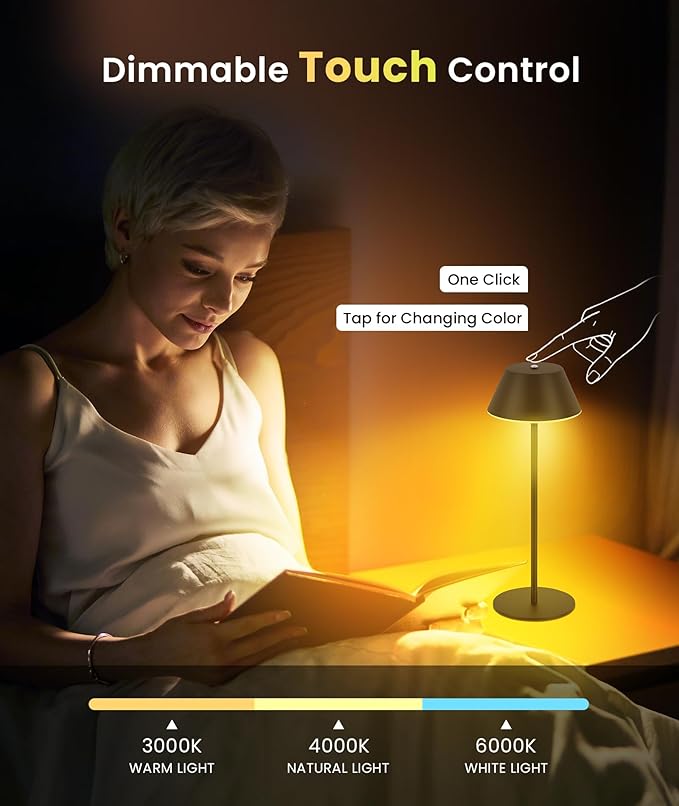 LOFTEK Cordless Table Lamp, 5200mAh Battery, 3 Adjustable Height, 3 Colors Smooth Dimming, Outdoor LED Light Waterproof for Dining Room, Bedroom, Bar, Restaurant, Patio, Camping (Black)