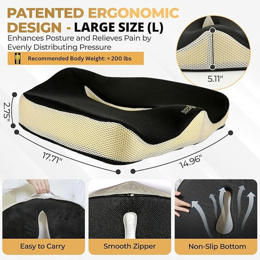 Patented 55D Memory Foam Seat Cushion– Ergonomic Office Chair Cushion for Sciatica Relief, Car Seat Cushion for Long Driving – Coccyx Pillow for Tailbone Pain, Pressure Relief for Hip, All Day Comfort
