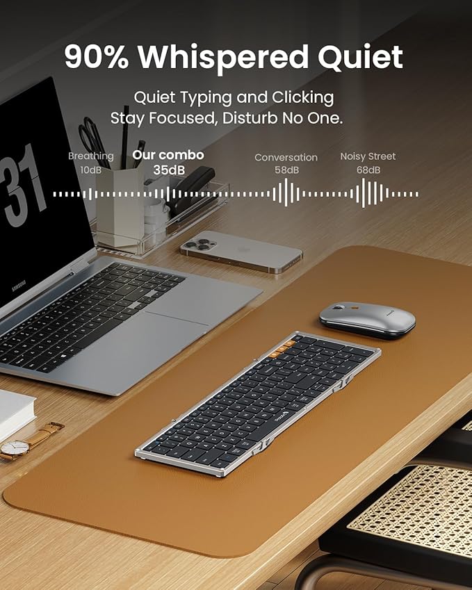 ProtoArc Foldable Keyboard and Mouse, XKM01 True Full-Size Folding Wireless Keyboard Mouse for Business Travel, a Portable Office Suite On-The-Go, Compatible with Laptop iPad Tablet - Black Silver