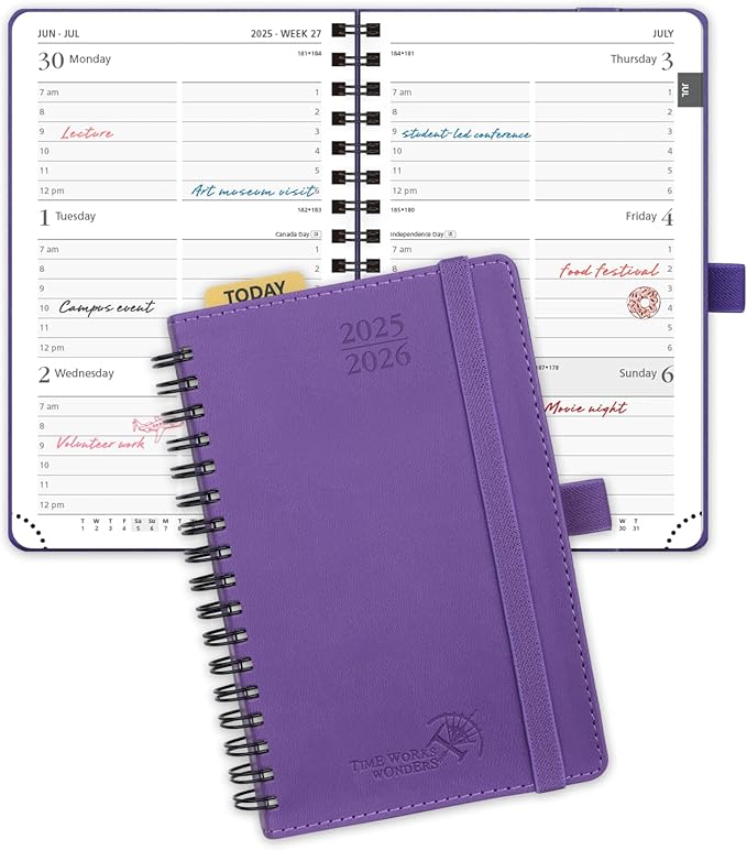 POPRUN Pocket Planner 2025-2026 (Purse Size 4'' x 6.25'') Academic Small Calendar (July 2025 - June 2026) with Hourly Time Slots, 100GSM Thick Papers, Spiral Leather Cover - Purple