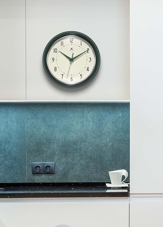 Infinity Instruments LTD. Retro 9 inch Silent Sweep Non-Ticking Mid Century Modern Kitchen Diner Wall Clock Quartz Movement Retro Wall Clock Decorative (Hunter Green)