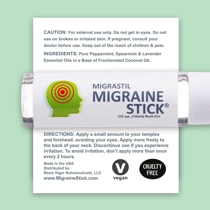 Migrastil Migraine Stick Rollon - Fast Cooling Comfort for Your Head. Aromatherapy with Peppermint & Other Essential Oils. Metal Roller. Made in USA by Basic Vigor