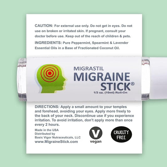 Migrastil Migraine Stick Rollon - Fast Cooling Comfort for Your Head. Aromatherapy with Peppermint & Other Essential Oils. Metal Roller. Made in USA by Basic Vigor