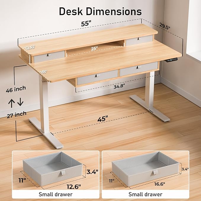 55 * 30 Inches Electric Standing Widened Desk Adjustable Height with 4 Drawers, Double Storage Shelves, Home Office Workstation Sit Stand up Desk (Nature)
