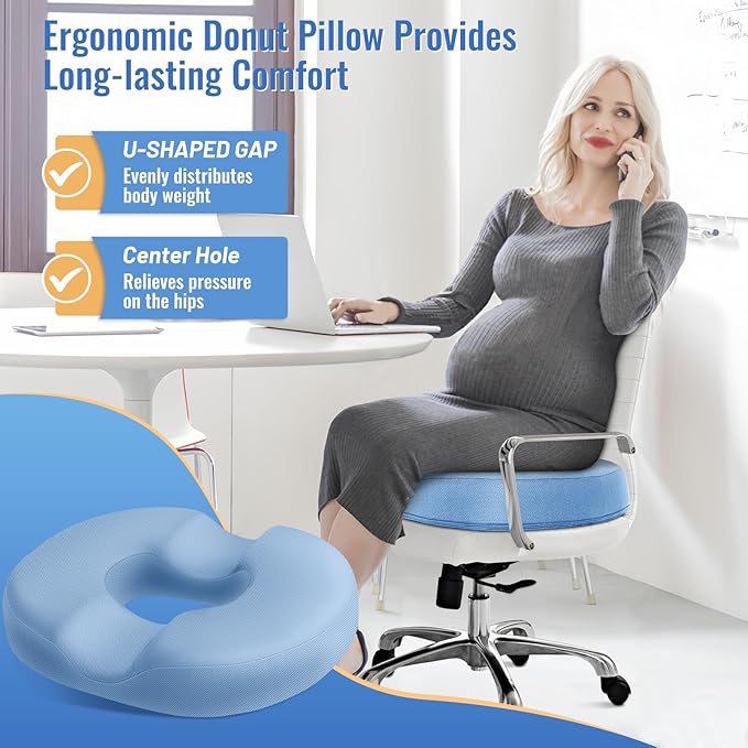 CloudBliss Donut Pillow Seat Cushion Chair Pad for Tailbone Pain Relief and Hemorrhoids, Memory Foam Seat Chair Cushion for Men and Women for Home & Office, (Light Blue-2XL)