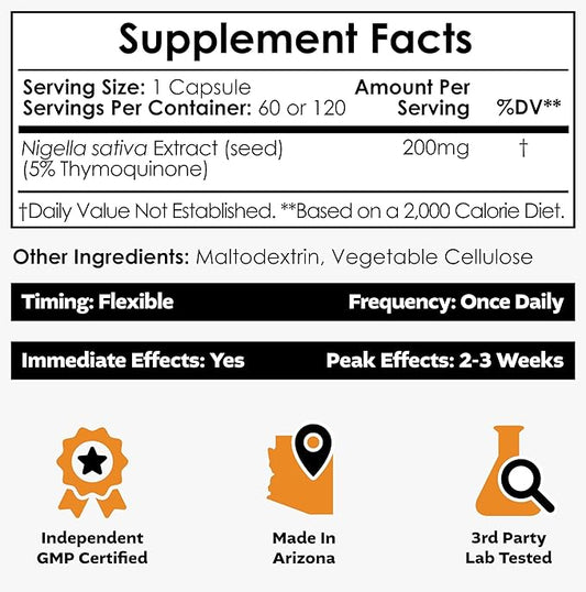 Nootropics Depot Nigella Sativa Extract Capsules | 200mg | 60 Count | Minimum 10% Thymoquinone Content | Black Seed Oil Extract | Supports Brain Health, Memory, Liver Health, and Immune Function