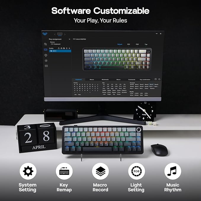EPOMAKER X Aula F65 PRO Wireless Mechanical Gaming Keyboard, Hot-Swap, 5-Layer Padding, Creamy Gasket, Knob and Shine-Through PBT Keycap, RGB, BT/2.4GHz/USB-C (Gradient Grey, Reaper Switch)