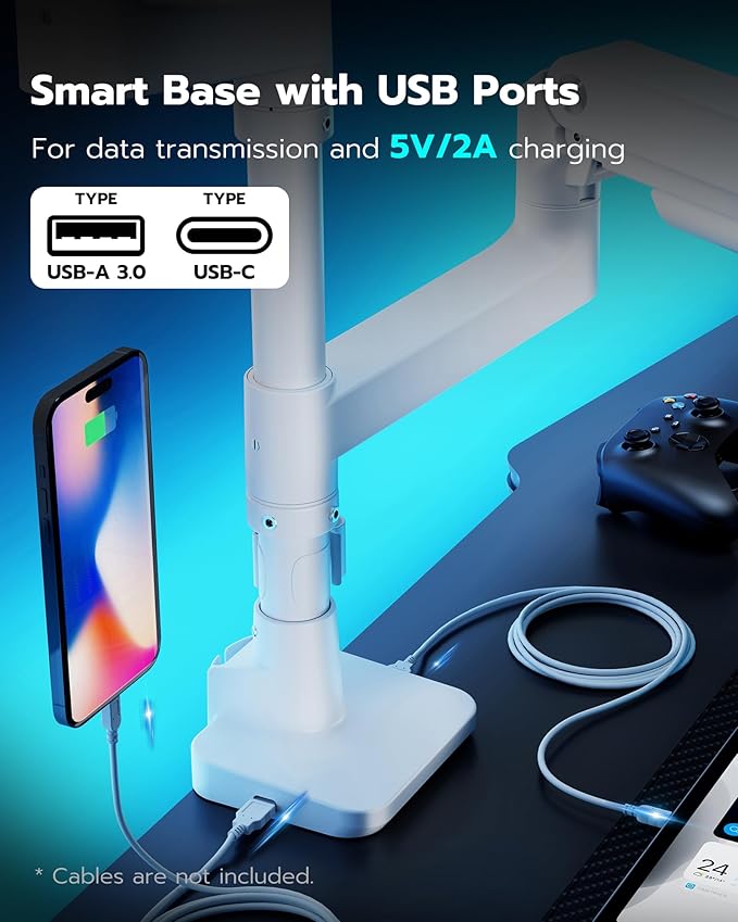 ARES WING Dual Monitor Stand for Ultrawide Heavy Duty Curved Monitor Stacking, Fits 17-49 Inch, Vertical Gas Spring Double Monitor Mount with USB, Adjustable Dual Monitor Mount for Desk, White