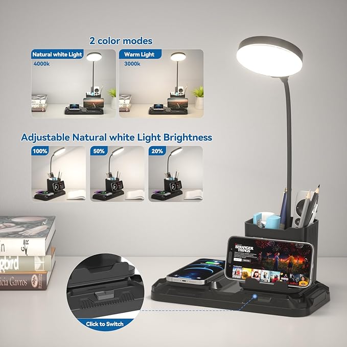 KDD 4 in 1 Desk Lamp with Wireless Charger - 360° Rotating Gooseneck Small Table Lamp with Pen Holder & Phone Stand, Adjustable White and Warm Light Dual Mode LED Desk Light for College Dorm Room
