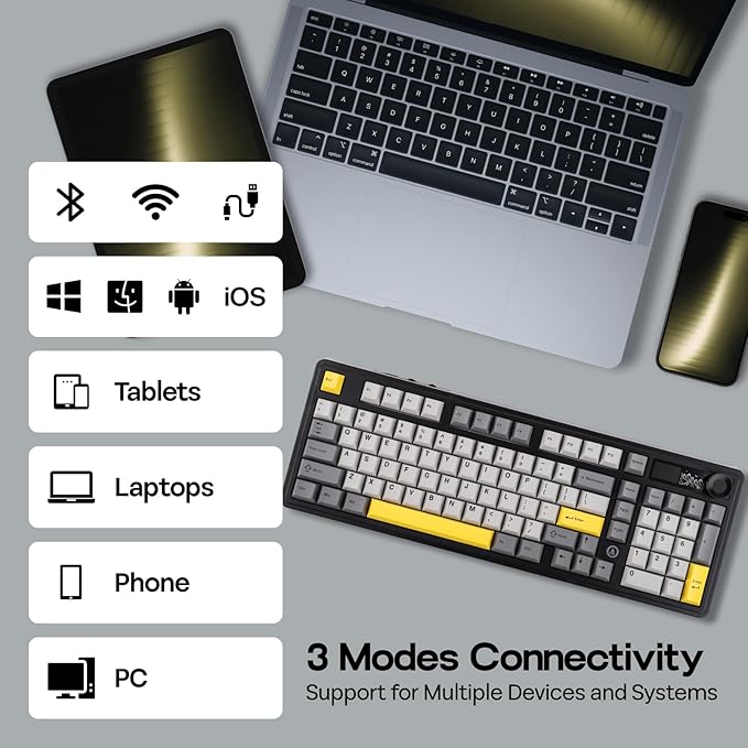 AJAZZ AK980 96% USB-C/BT5.0/2.4GHz Wireless Gaming Keyboard with 1.14’’ TFT Screen, Hot Swappable Creamy Mechanical Keyboard with FR4 Plate, Knob, RGB for Win/Mac (Black, Gift V2 Switch)