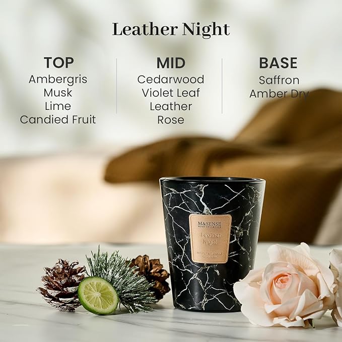 M&SENSE LeatherNight Scented Candles for Home, Lead-Free Wick Highly Scented Jar Candles, 14.1 Oz 80 Hours Lasting Burning Candles Gifts for Women, Relaxing Aromatherapy Candle for Stress Relief