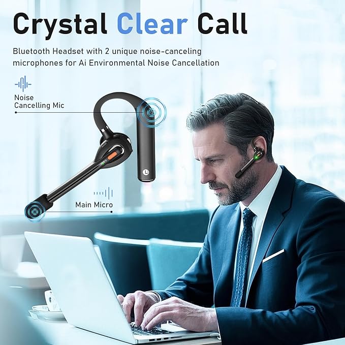 Single Ear Bluetooth Headset with Dual Mic, 50dB AI ENC Call Background Noise Cancelling Wireless Earpiece for Trucker Driver, Business Office, Home Work