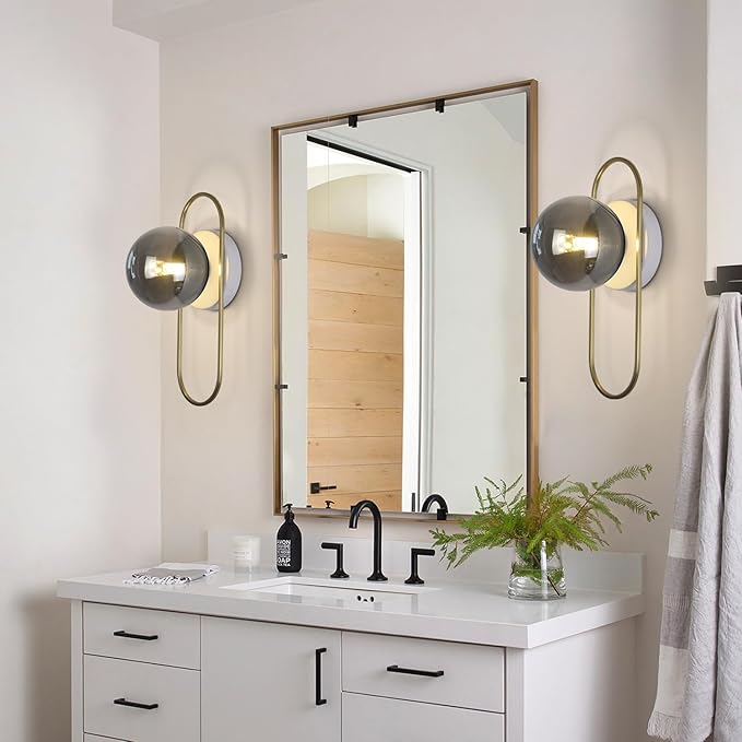 Modern Farmhouse Sconces Wall Lighting Brushed Gold Globe Wall Sconce Smoked Glass Bathroom Vanity Light Brass Sconces Hard Wired