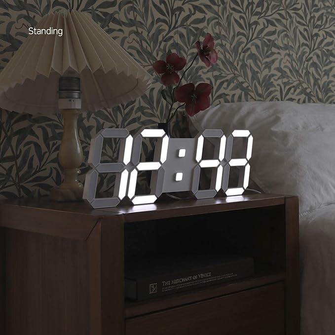 mooas 3D Pure Slim L LED Clock, Multi-Function LED Digital Clock (Calendar, Alarm, Temperature) (15.4" Slim L White Wall Clock with Remote Control)