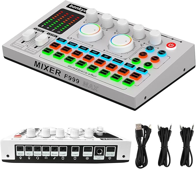 F999MAX Live Sound Card, RGB Lighting Effects, Professional Audio Mixer & Noise Reduction, Metal Body & Indicator Panel, Audio Interface & Voice Changer, DJ Mixer for Live/Gaming/Podcasting/Karaoke