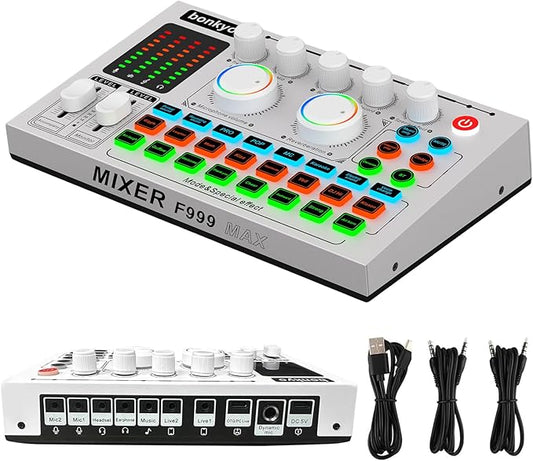 F999MAX Live Sound Card, RGB Lighting Effects, Professional Audio Mixer & Noise Reduction, Metal Body & Indicator Panel, Audio Interface & Voice Changer, DJ Mixer for Live/Gaming/Podcasting/Karaoke