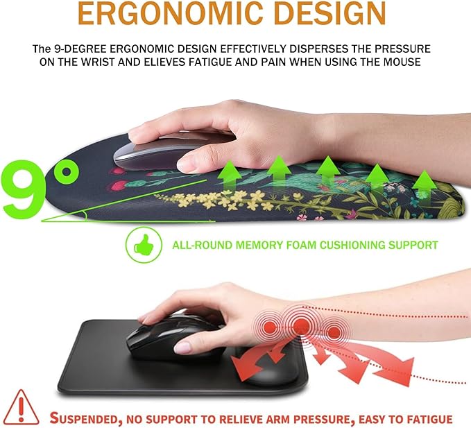 Ergonomic Mouse Pad Wrist Support,Upgrade Mousepad with Massage Design,Non-Slip PU Base Desktop Mouse Pads for Pain Relief, Computer, Office & Home,12 x 8 in（F-Midnight Floral）