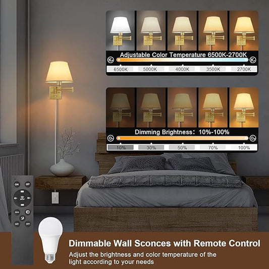 TRLIFE Dimmable Wall Sconce, Remote Control Dimming 10-100% and Adjustable Color Temperature 2700K-6500K Brushed Brass Swing Arm Wall Lights with Plug in Cord, 9.4" Medium White Shade(2 Pack, 2 Bulbs)
