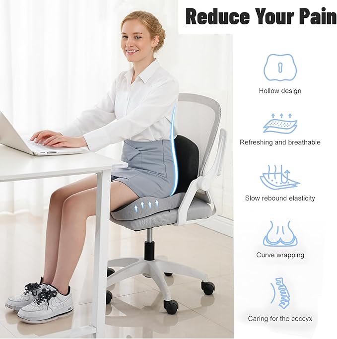 Memory Foam Seat Cushion for Truck Drivers, Office Chairs & Car Seats – Back Support & Sciatica Relief Pillow for Tailbone – Ergonomic Pressure Relief Pad for Long Sitting & Driving (Black)