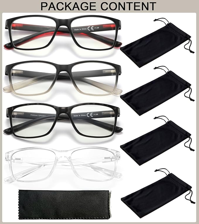 Blue Light Blocking Reading Glasses for Men,4 Pack Stylish Computer 3.25 Readers with Spring Hinges,Anti Glare/Eye Strain Filter UV Ray Magnigying Reader Eyeglasses,+3.25 Magnification Strength