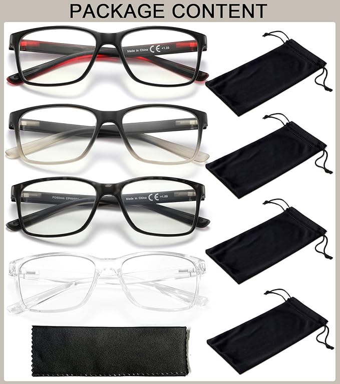 Blue Light Blocking Reading Glasses for Men,4 Pack Stylish Computer 3.0 Readers with Spring Hinges,Anti Glare/Eye Strain Filter UV Ray Magnigying Reader Eyeglasses,+3.00 Magnification Strength