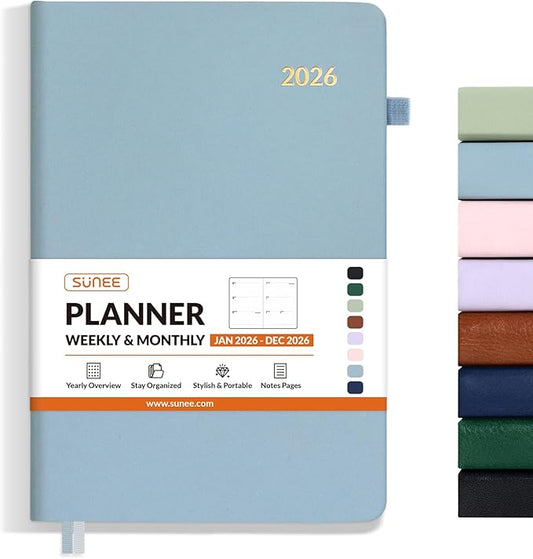 SUNEE 2026 Weekly & Monthly Hardcover Planner 5.5" x 8.3" - 12 Month (January 2026 - December 2026), Small Hardcover Planner, Pocket, Notes, 100 GSM Paper, Gray Blue