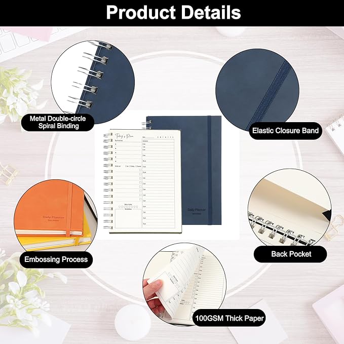 PATIKIL Undated Daily Planner with Hourly Schedule, A5 5.5"x 8.5" To-Do List Hard Cover Spiral Notebook Appointments Planner with Inner Pocket to Organize Daily Tasks Agendas, Navy Blue