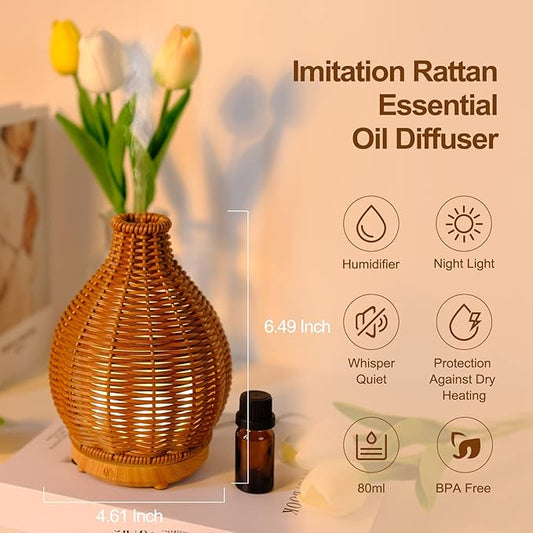 Rattan Woven Essential Oil Diffuser, Aroma Humidifier with Timer and Waterless Auto-Off, 80ML Ultrasonic Aromatherapy Diffuser with Warm Light for Office and Home