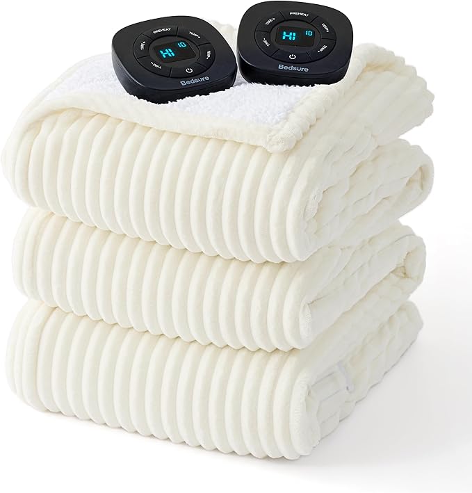 Bedsure GentleSoft Electric Blanket King Size - Soft Ribbed Flannel Heated Blanket with Dual Control, 10 Heat Settings, 10 Time Settings, 8 hrs Timer Auto Shut Off (90x100 inches, Coconut White)