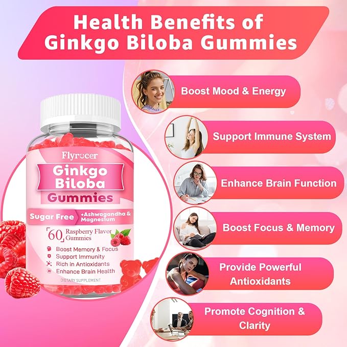Ginkgo Biloba 300mg Gummies for Adults & Kids, Ginkgo Biloba Supplements for Focus, Memory, and Brain Health, Vegan, Sugar-Free, Raspberry Flavor, 60 Count