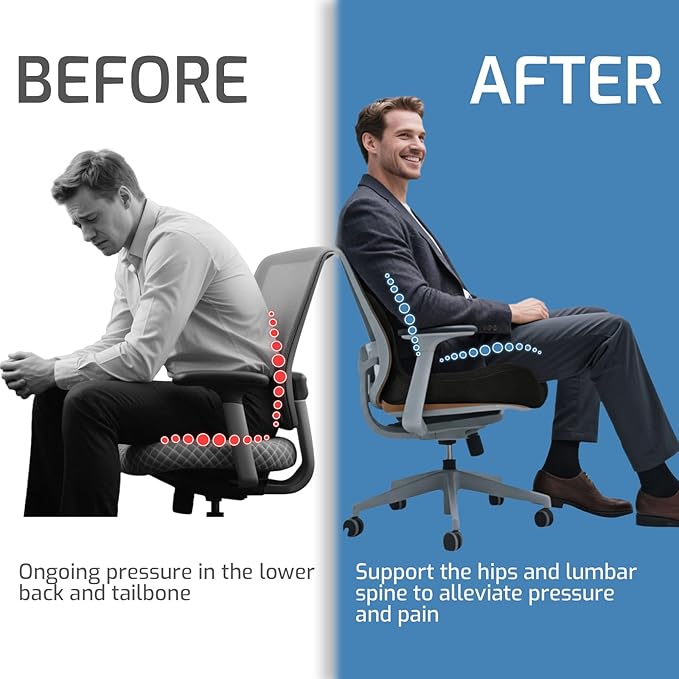 Memory Foam Seat Cushion,Office Chair Cushion with Lumbar Support for Back Pressure Relief, Car Seat Cushion with Adjustable Strap,Sciatica Pad Cushions for Car,Truck (Black+Mesh Cloth)