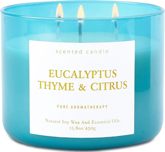 Eucalyptus Thyme Citrus Scented Candle - Large 3 Wick Soy Candle 15.8 oz - Aromatherapy Candle for Relaxation & Stress Relief - Calming Herbal Spa Scent - Long Lasting Candles for Women & Men