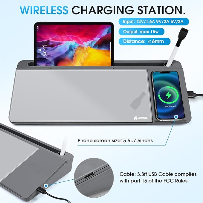 Varhomax Glass Desk Whiteboard with Wireless Charger, Desktop Dry Erase White Board with Storage, to Do List Memo Notepad for Home and Office (Gray)