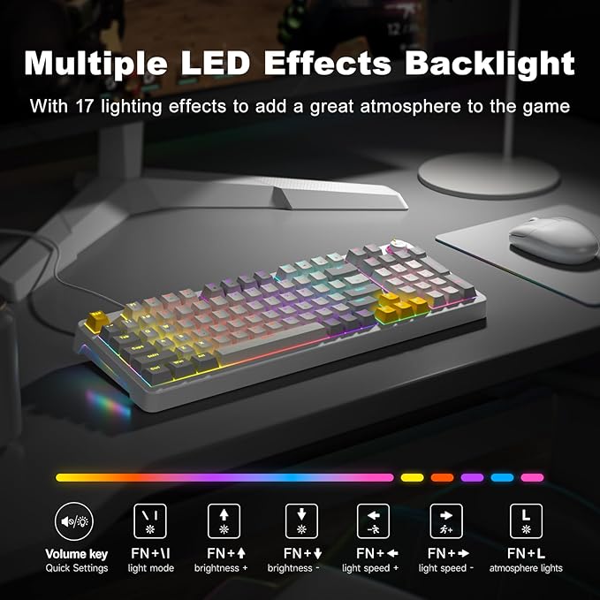 GEEZER AK96 Mechanical Gaming Keyboard - Pre-Lubed Red Switches, 96 Keys Full Size with LED Colorful Backlit, Clicky Creamy Sound, USB Wired Computer Keyboard with Volume Knob for PC, Mac, Windows