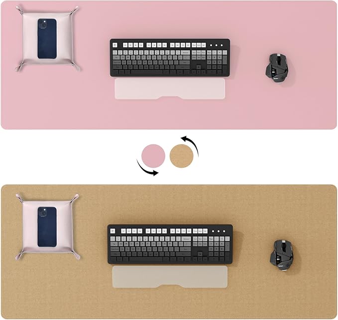 DAWNTREES Pink Desk Mat,Leather Desk Pad,40"x16",Cork Desk Mat Protector,with PU Leather Valet Tray Organizer,Large Mouse Pad,Desk Writing Pad for Office and Home