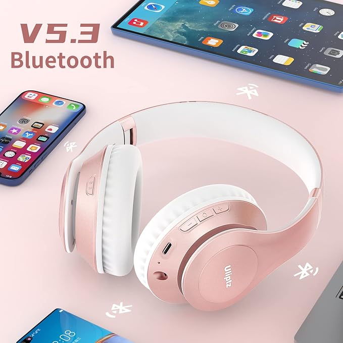 Uliptz Wireless Bluetooth Headphones, 65H Playtime, 6EQ Sound Modes, HiFi Stereo Over Ear Headphones with Microphone, Foldable Bluetooth 5.3 Headphone for Travel/Office/Cellphone/PC (Rose Gold)
