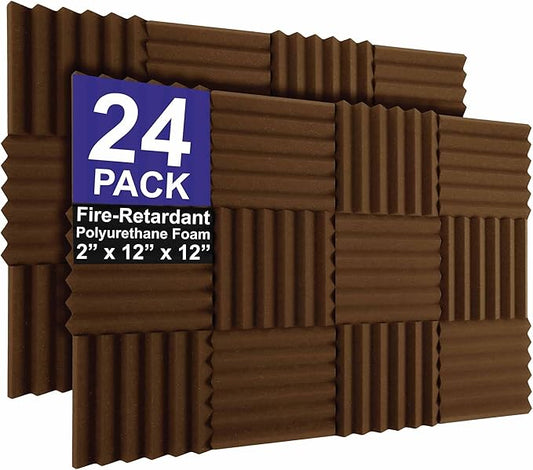 Foam Factory Inc 24 Pack Color Acoustic Foam Panel Studio Soundproofing Wedge Wall Tiles 12” X 12” X 2” (Brown)