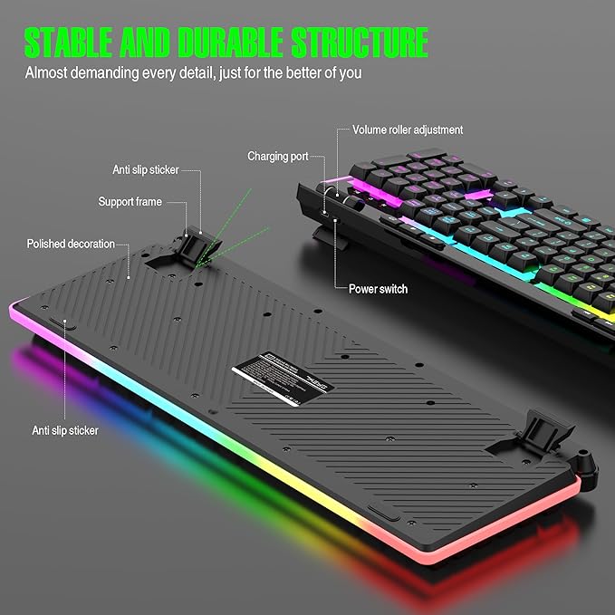 Wireless Keyboard and Mouse Combo, Gaming Keyboard Rechargeable Cool RGB Backlight, 7KEYS Full-Size Keyboard with Ergonomic, Light up Gaming Mouse 3200 DPI for PC Desk/Laptop/MAC