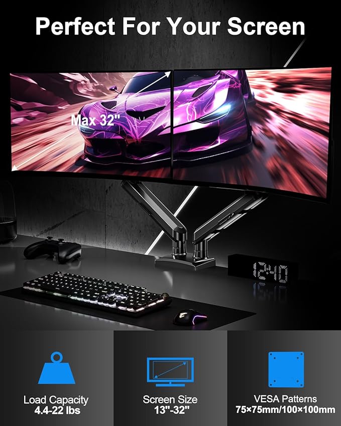 Dual Monitor Arm for 17-32 Inch Computer Screens, 22lbs per Arm, Full Motion Monitor Desk Mounts for 2 Monitors, Gas Spring Desk Mount, VESA Mount, Freelift Pro