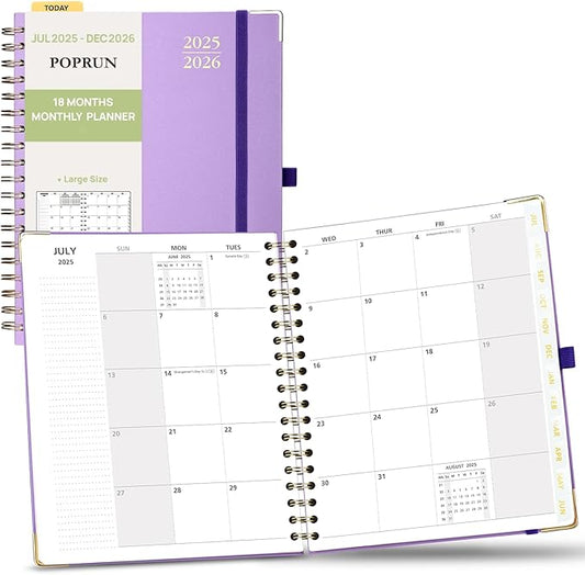 POPRUN Monthly Planner 2025-2026 Spiral Hardcover (8'' x 10''), 18 Months Calendar (Jul.2025 - Dec.2026)- 2 Pages per Month with Dotted Note Pages, Sunday Start, Laminated Tab - Violet