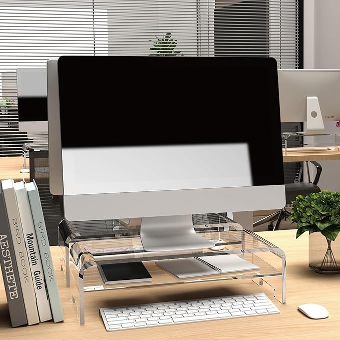 Acrylic Monitor Stand 2-Tier Riser, Clear Desktop Organizer for Computer and Laptop, Heavy-Duty Dual-Layer Design for Home Office, 16" L x 8" W x 4.6" H(2-Tier)