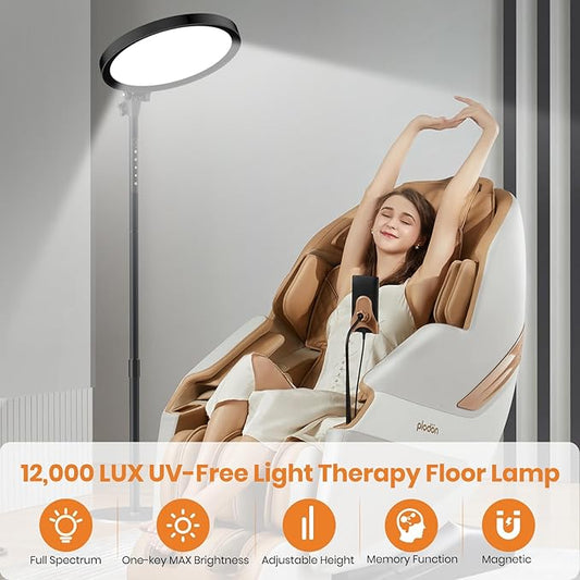 Light Therapy Lamp,12000 Lux UV-Free Sun Lamp Full Spectrum Sunlight Lamp with 12" Panel/71 High/4 Color Temperature/5 Brightness/Remote Control, 2 in 1 Retractable Floor Light Therapy Lamp