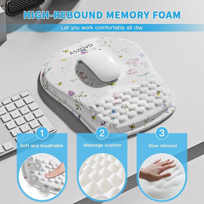 Mouse Pad with Wrist Rest, Ergonomic Mousepads with Wrist Support, Soft Lycra Fabric Memory Foam Office Desk Accessories for Comfort/Pain Relief/PC Gaming/Computer/Laptop (White Wild Plant)
